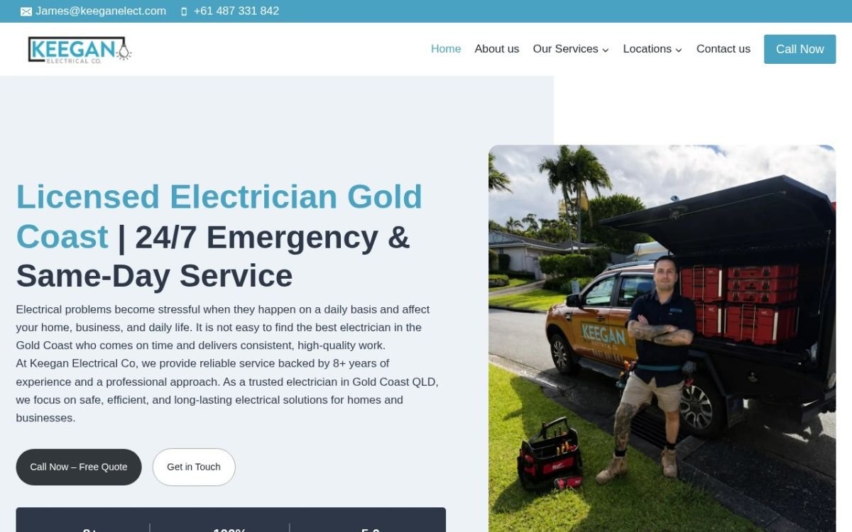 Homepage of the Keegan Electrical website built by HS Tech Solution