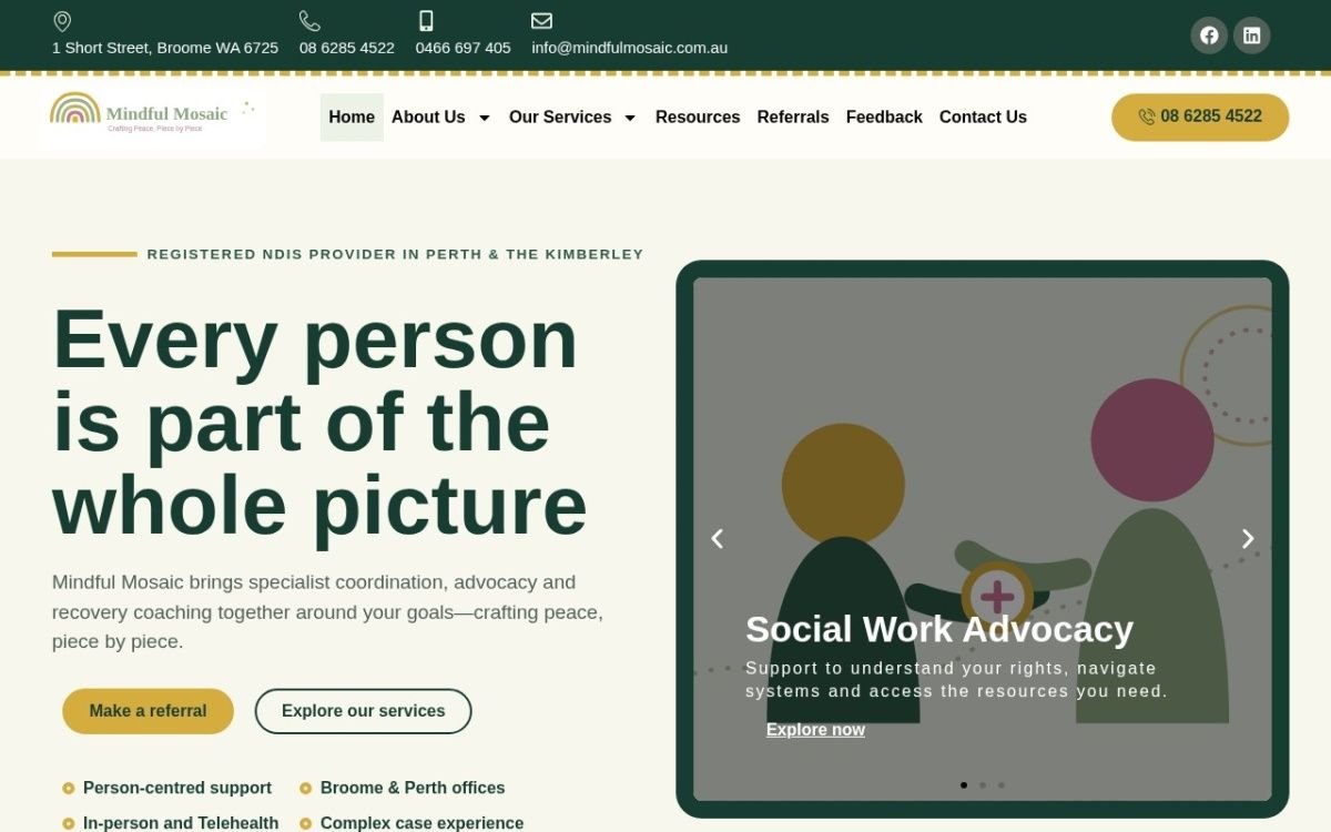 Homepage of the Mindful Mosaic website built by HS Tech Solution