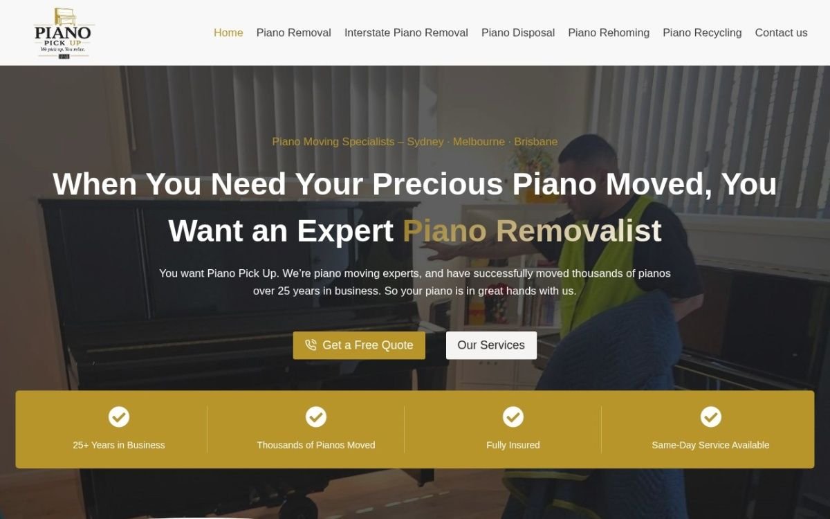 Homepage of the Piano Pickup website built by HS Tech Solution