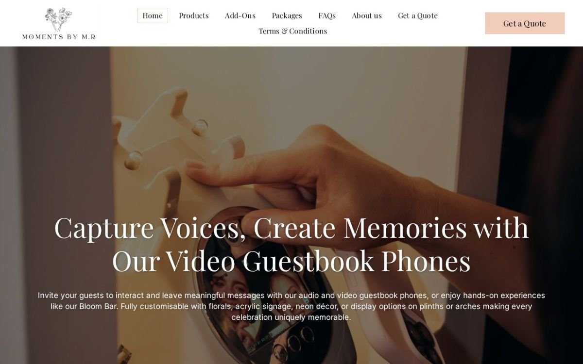 Homepage of the Moments by MR website built by HS Tech Solution