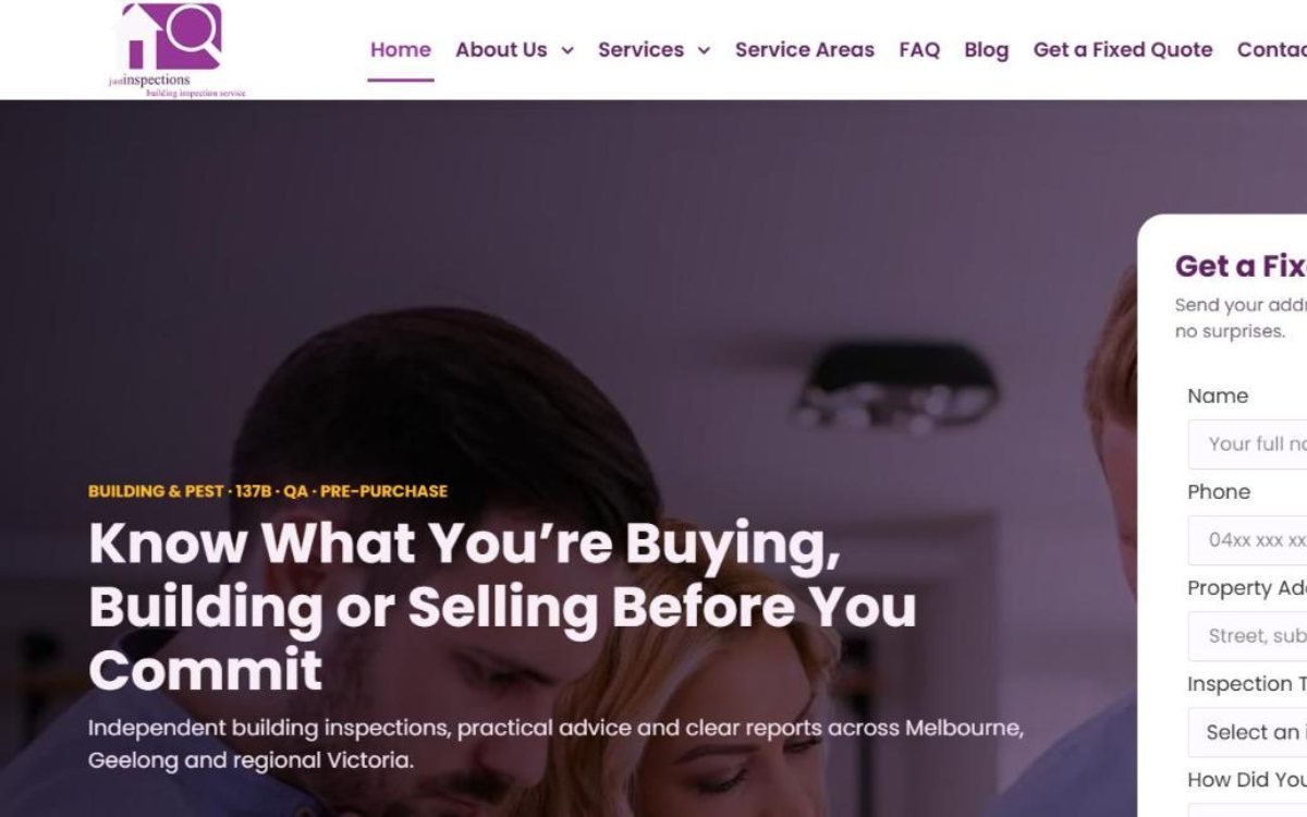 Homepage of the Just Inspections website built by HS Tech Solution