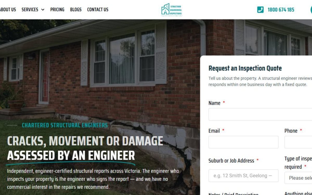 Homepage of the Structura Engineering Inspections website built by HS Tech Solution